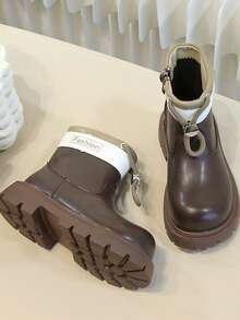 1 Pair New Children's Thick Sole Ankle Boots, Smooth Leather Lace-Up Design With Contrast Color Collar And Side Zipper - Brown - View 3