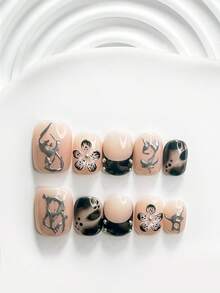 10pcs/Set Fashion Handmade Press-On Nails, Poly Gel Nail Art Set, Floral, Silver And Black Nail Polish, Exquisite Style, Includes Nail Tools, 3 Sizes Available: Square, Short Square, Almond, Suitable For Party, Dancing, Daily Wear (Handmade Details May Vary) - Multicolor - View 2