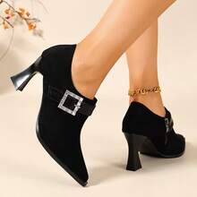 Women's Suede Pointed Toe Flared Heel Deep Cut Pumps Rhinestone Square Buckle Elegant Fashion Shoes Spring Autumn Commute High Heels - Black - View 5
