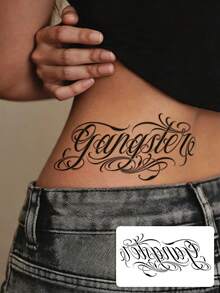 1 Sheet Ornate Chicano Script Temporary Tattoo, Decorative Swirl Lettering Word Fake Tattoo Sticker, Cool Pattern For Hip Upper Arm Back, Waterproof For Ladies - Black - View 1