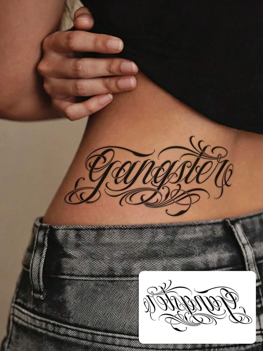 1 Sheet Ornate Chicano Script Temporary Tattoo, Decorative Swirl Lettering Word Fake Tattoo Sticker, Cool Pattern For Hip Upper Arm Back, Waterproof For Ladies - Black - View 1