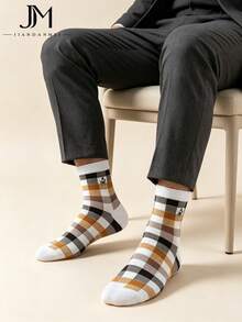 British Plaid Contrast Color Mid-Calf Socks, Pure Cotton, Horse Logo Embroidery, Business Casual Daily Wear Men's Socks - Multicolor - View 1