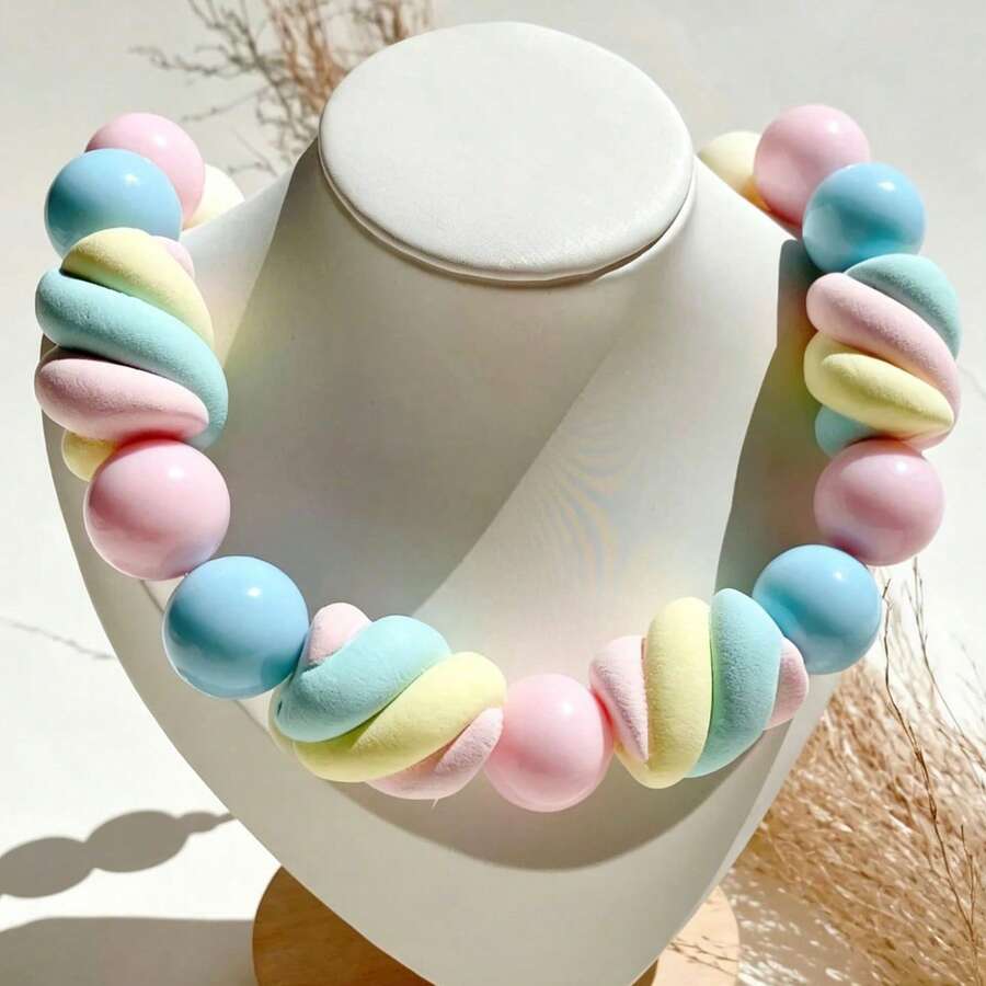 1pc Bohemian Style Acrylic Round Bead Olive Fruit Marshmallow Macaron Candy Women Necklace - Colorful - View 1