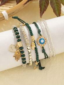 6-Piece Eye And Hamsa Hand Decor Bracelet (Rhinestone Quantity Random) - Multicolor - View 4