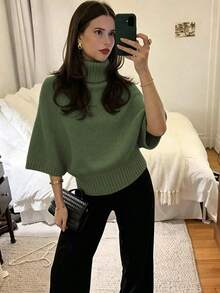 女款休閒秋冬純色綠色高領蝙蝠袖針織上衣，收腰紋理設計，日常通勤辦公套頭衫 - 軍綠色 - 查看 4