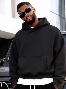 Men's Polyester Knit Crew Neck Sweatshirt, Solid Color Long Sleeve H-Fit Sports Top Black - Black - View 5