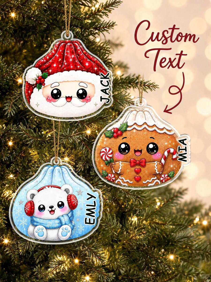 1pc Personalized Dumpling Family Christmas Ornament, Custom Name Acrylic Dumpling Ornament, Cute Character Dumpling Keepsake,Santa Gingerbread Bear Reindeer Unicorn Christmas Tree Design,Xmas Tree Decor,Christmas Gift - Multicolor - View 1