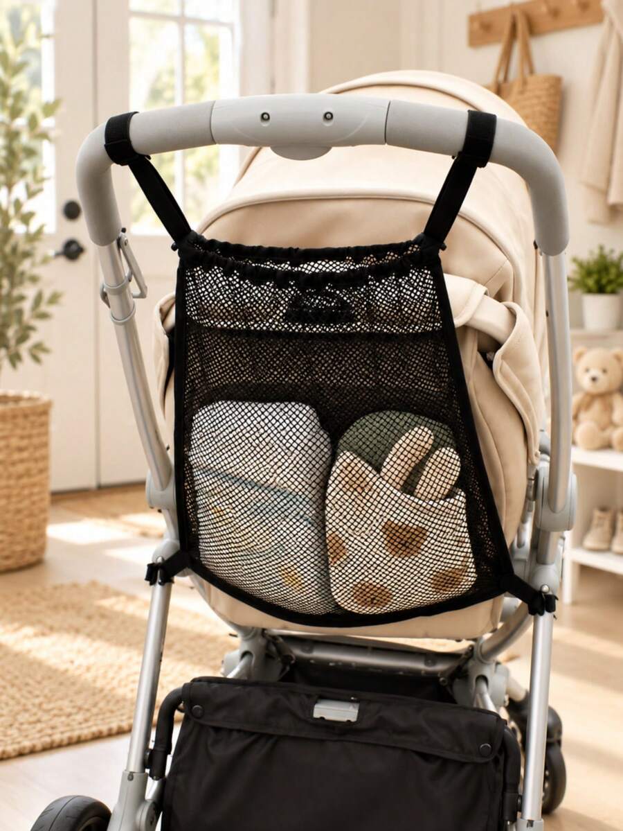Baby Stroller Mesh Storage Bag, Large Capacity Hanging Organizer Bag For Baby Carriage, Lightweight Breathable Multi-Functional Design, Suitable For Toys, Diapers, Wet Wipes And Daily Travel Supplies Organization - Black - View 1