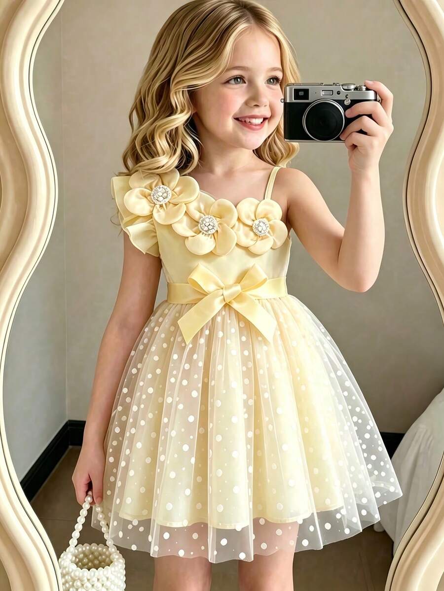 Young Girl' Floral Decor Asymmetric Shoulder Strap Dress, Asymmetric Ruffle Hem, Pearl Design, Mesh Polka Dot Skirt, Princess Sweet Dress - Yellow - View 1