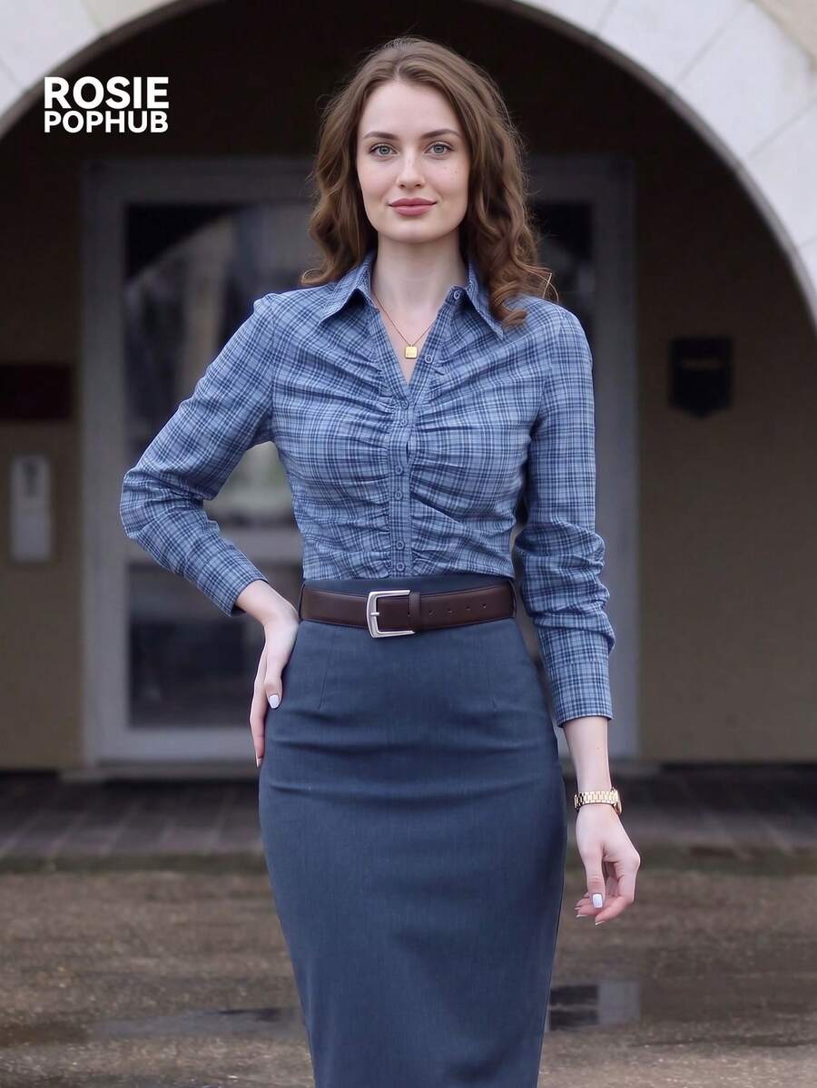 ROSIE POPHUB 女款藍色格紋領長袖襯衫 前胸抓皺開襟設計 優雅返校辦公通勤上衣 秋冬款 - 藍色 - 查看 1