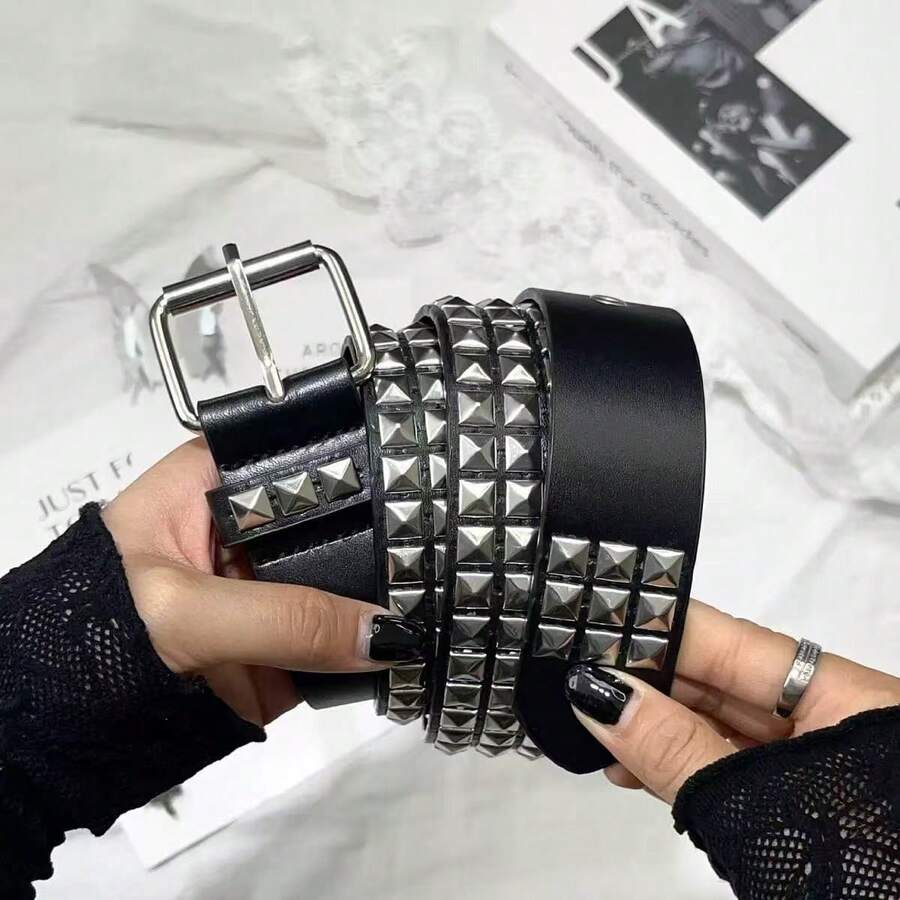 1pc Men's Solid Color Punk Belt With Sequins, Rivet Sequin Rock Fashion Belt For Men And Women - Black - View 1