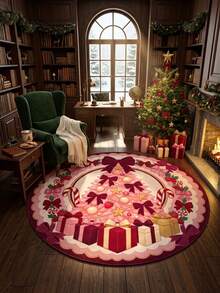1pc Round Pink Bow Christmas Tree Pattern Area Rug, Cute Sweet Holiday Round Mat, Soft Skin-Friendly Fabric With Non-Slip Backing, Durable And Easy To Clean, Suitable For Living Room, Bedroom, Kids Room, Sunroom, Perfect For Christmas And Winter Holiday Home Decor - Multicolor - View 5