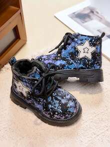 Kids Starry Print Thermal Lined Boots Lace-Up Thick Sole Anti-Slip Warm Winter Ankle Boots For Boys And Girls - Blue - View 4