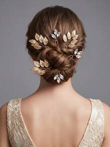 6pcs/Set French Vintage Gold Leaf Crystal Rhinestone Hair Sticks, Greek Goddess Style Braided Hair Decoration Hair Forks, Alloy Hair Accessories - Gold - View 6