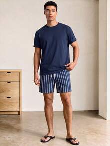 Voidago Men's Summer Crew Neck T-Shirt And Striped Shorts Loungewear Set - Navy Blue - View 1