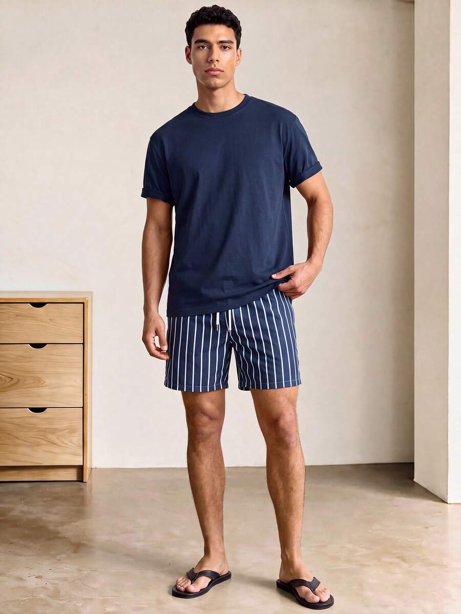 Voidago Men's Summer Crew Neck T-Shirt And Striped Shorts Loungewear Set - Navy Blue - View 1