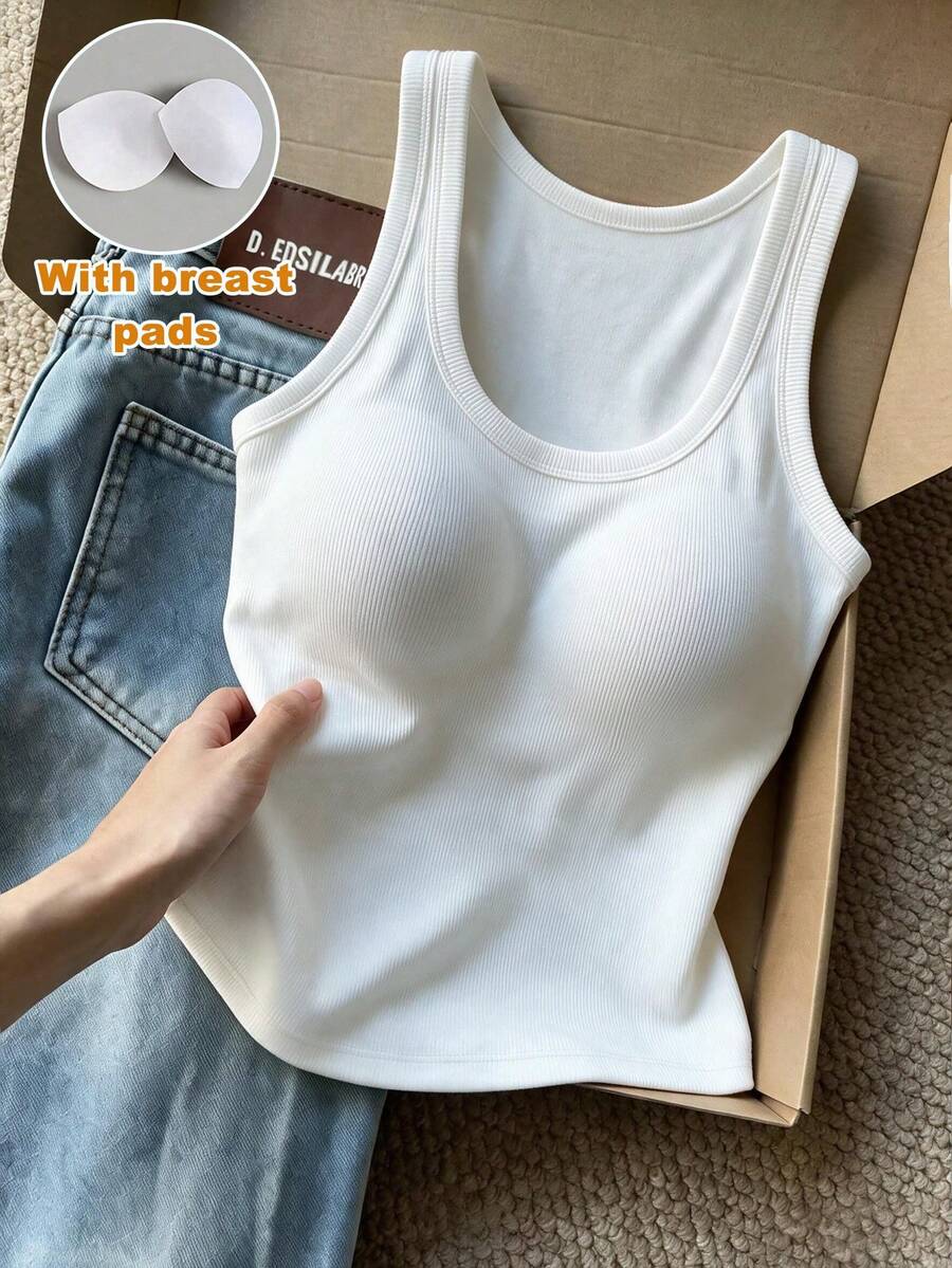 Women's White Minimalist Casual Ribbed U-Neck Padded Bust Fitted Sleeveless Basic Top, Suitable For Fitness, Travel, Outings And Daily Wear - White - View 1