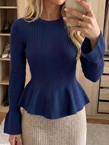 Women's Ribbed Knit Ruffle Trim Sweater, Long Sleeve Pullover, Medium Stretch Flared Hem, Suitable For Autumn/Winter Wear Fall - Navy Blue - View 2