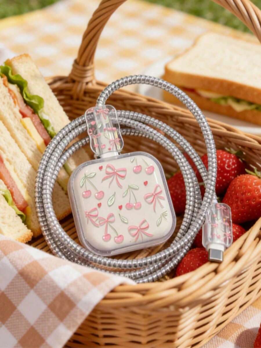 4pcs Pink Cherry Bow Data Cable Charger Protective Covers Compatible With UK 20W Series Chargers - Clear - View 1