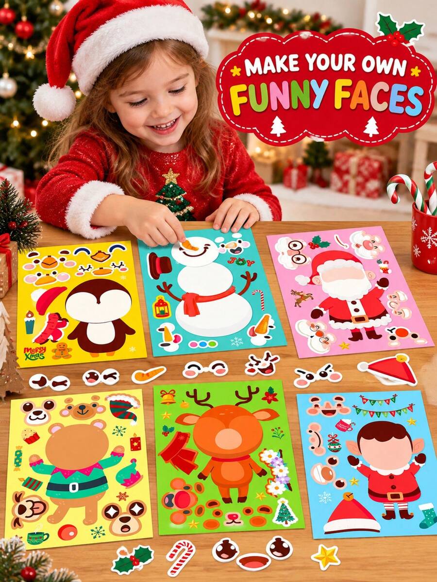 6PCS Christmas Cartoon Face Swap Collage Sticker Pack, Santa Claus, Snowman, Reindeer, Penguin, Elf Pattern DIY Assembly Stickers, Children's Handmade Educational, Greeting Card & Planner Decoration Stickers, Christmas Party Small Gifts, Holiday Souvenirs, Suitable For Birthday, New Year, Valentine's Day, Easter, Children's Day, Back To School, Halloween, Thanksgiving And Christmas Gifts