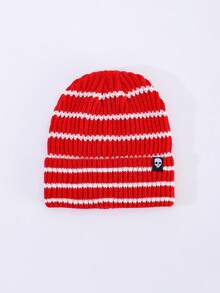 1pc Men's Fashion Striped Colorblock Skull Woven Label Knit Beanie Hat, Brimless, Suitable For Autumn/Winter Warmth, Daily Wear And Outfits - A - View 3