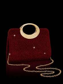 This Gold Herringbone Patterned Clutch Bag Is Adorned With Sparkling Rhinestones, Making It A Luxurious And Glamorous Formal Evening Bag. It Comes With A Sparkling Rhinestone Three Pieces Set, Including A Rhinestone Pendant Necklace, Earrings, And Bracelet, Making It A Perfect Gift For Evening Parties, Parties, Birthdays, Weddings, And Other Occasions. - Burgundy - View 10