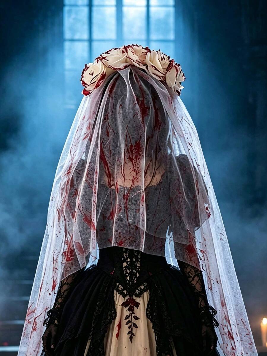 1pc Halloween Ghost Bride Blood-Stained Rose Veil, Dark Style Floral Headpiece, Suitable For Halloween, Gothic, Holiday Party, Ball, Photo Prop - Multicolor - View 1