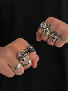 7pcs Vintage Gothic Style Ring Set, Silver Embossed Carved Rings, Punk Streetwear Stackable Finger Rings, European & American Men's Jewelry - Antique Silver - View 2