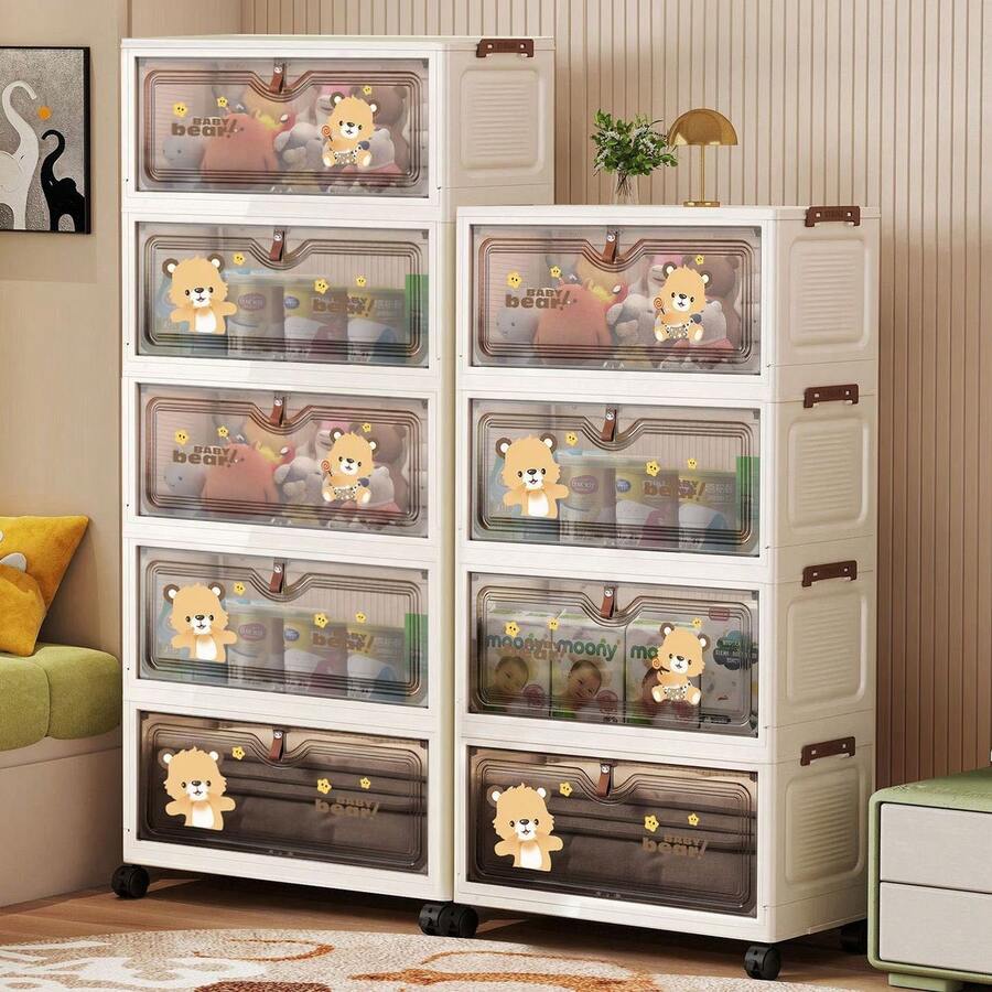No Assembly Cartoon Flip-Top Folding Storage Cabinet Children Toy Organizer Multi-Layer Plastic Storage Rack Home Use - Transparent - View 1
