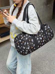 Cute White Allover Cartoon Bear Print Cylindrical Duffle Bag, Large Portable Shoulder Weekender Bag For Gym Sports Short Overnight Travel - Multicolor - View 6