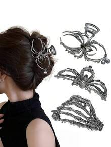 4.5-3PCS Women's Solid Color Halloween Personalized Skull Ghost Claw Alloy Metal Large Hair Claw Clip Suitable For Holiday Daily Use - 3pcs Black - View 5