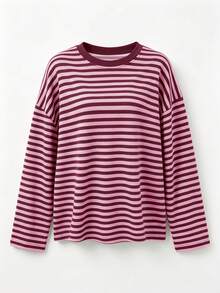 Autumn New Plus Size Casual Commute Daily Round Neck Drop Shoulder Loose Knit Striped Women's T-Shirt Top - Rusty Rose - View 4