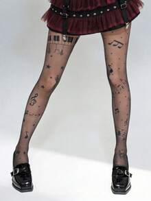 1 Pair Musical Note Print Tights For Women, Sheer High Waist Stretch Pantyhose, Cute Y2K Stockings For Fall Winter Party, Cosplay & Daily Wear - Multicolor - View 9