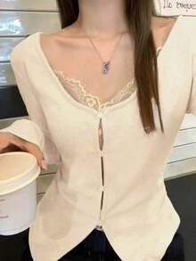2025新款辣妹蕾絲2合1V領長袖女款內搭上衣，抽褶腰部基礎層上衣 - 杏色 - 查看 3