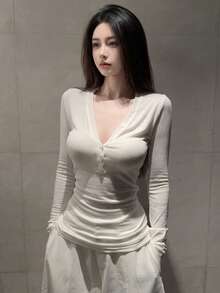女款修身貼身透氣柔軟長袖上衣，秋冬白色 - 白色 - 查看 1