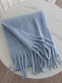 1pc Solid Color Scarf, Warm Neck Accessory For Winter, Thick Knitted Wool Tassel Shawl, Suitable To Pair With Dresses,Beach,Holiday - Blue - View 5