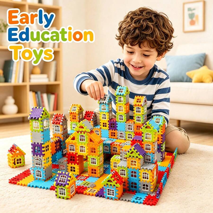 65pcs/132pcs/186pcs Bagged House Building Blocks Toy, Children Educational Stacking Blocks Toy, Suitable For Kids Aged 3+ Early Education Blocks, Boys & Girls Toys, High-Quality STEM Teaching Aids - Multicolor - View 1
