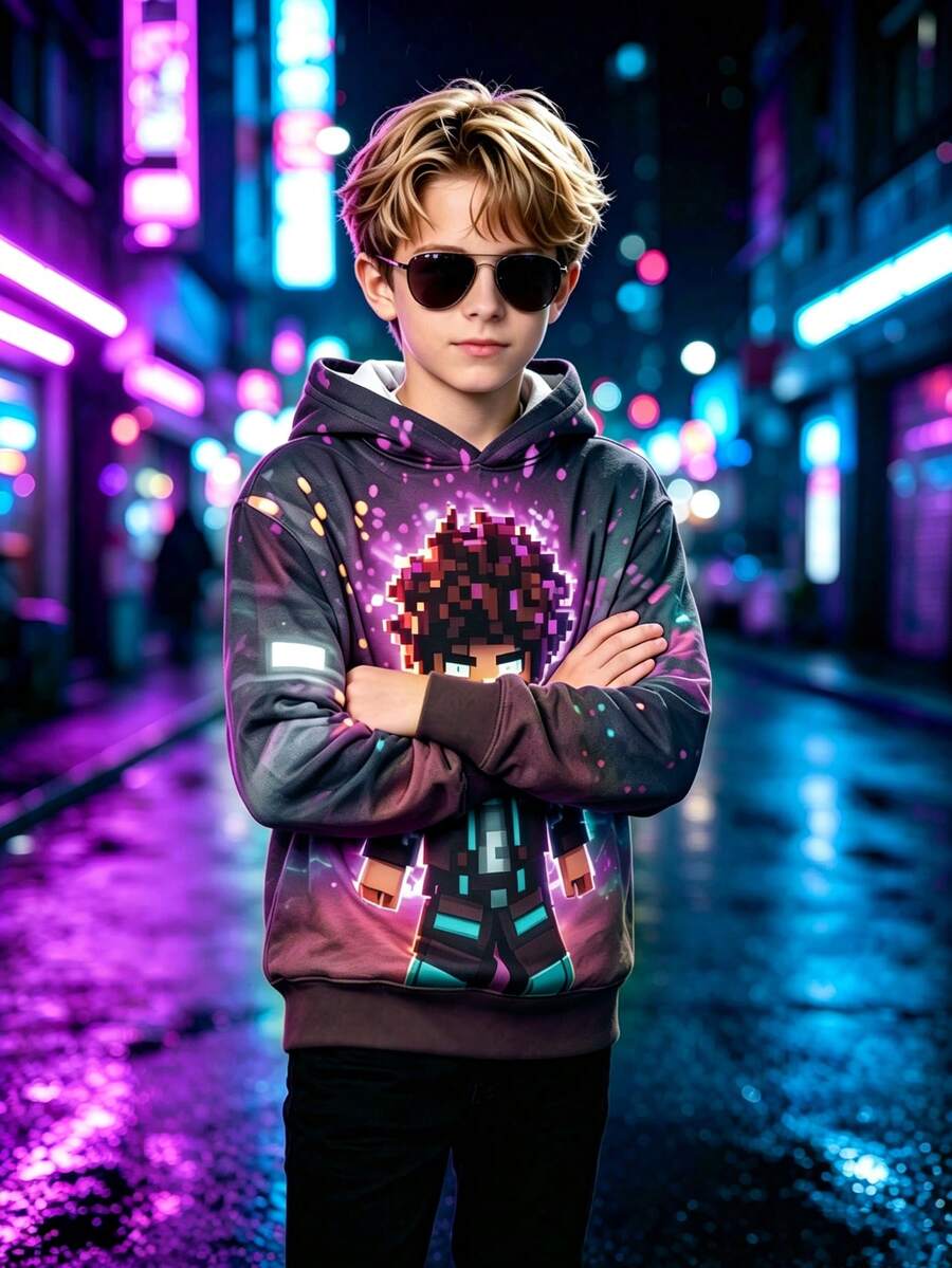 Tween Boy Fashion Printed Casual Pullover - Long Sleeve, Crew Neck Sweatshirt, Suitable For Spring And Autumn, Cool Print - Purple - View 1