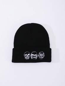 1pc Or 2pcs Men's Embroidered Skull Knit Beanie Hat, Brimless Cap Suitable For Halloween, Autumn/Winter Warmth, Daily Wear And Outfit - A - View 7