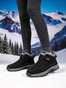 Women's Snow Boots, Thick Sole Hiking Boots, Fluffy Thermal Lining, Minimalist Solid Color, Unisex, Outdoor Cold-Resistant Warm Ankle Boots - Black - View 2