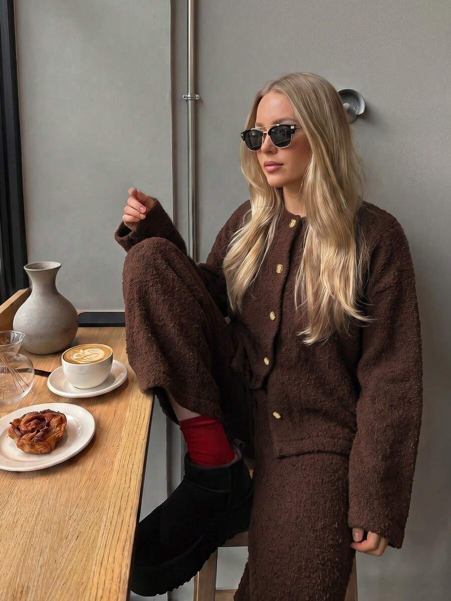 Women's Autumn Set: Fashionable Brown Soft Knit Cardigan Paired With Wide-Leg Knit Pants, Suitable For Daily Wear And Commuting - Brown - View 1