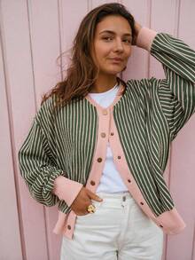 Acelitt Women's Ribbed Knit Striped Cardigan, V-Neck Dropped Shoulder Front Button Long Sleeve Casual Top, Suitable For Spring And Autumn - Multicolor - View 1