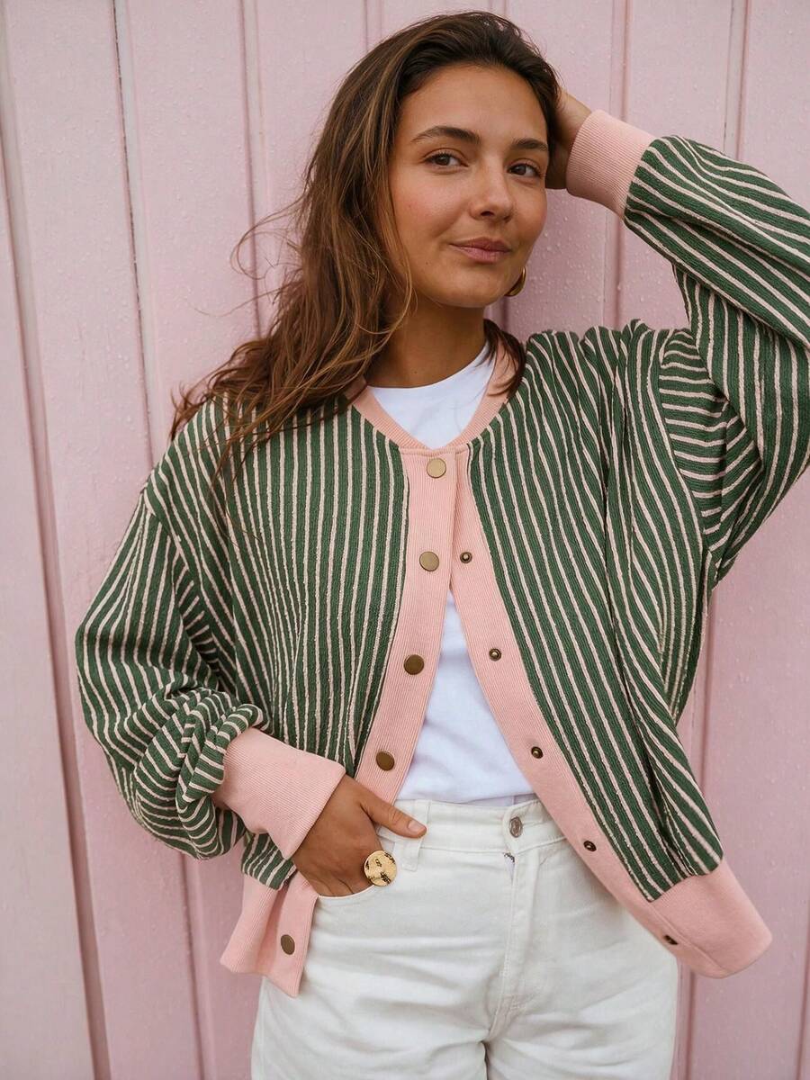 Acelitt Women's Ribbed Knit Striped Cardigan, V-Neck Dropped Shoulder Front Button Long Sleeve Casual Top, Suitable For Spring And Autumn - Multicolor - View 1