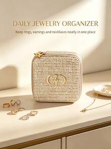 Dior Portable Jewelry Storage Box With Mirror Velvet Lining Woven Mini Jewelry Organizer Travel Carry Ring Earring Necklace Jewelry Box Makeup Storage Cosmetic Case - Gold Storage Box - View 1
