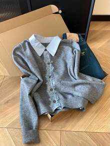 Women's Grey Lace Trim Polo Collar Top, College Style 2 In 1 Knit Cardigan - Grey - View 4