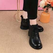Autumn/Winter New Women's Soft Leather Lace-Up Boots, British Style Round Toe Flat Leather Shoes, Soft Leather Ankle Boots - Black - View 3
