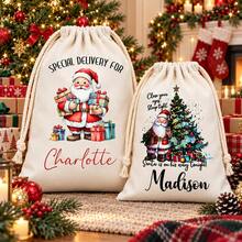 Custom Name Christmas Drawstring Gift Bag,Personalized Santa Present Storage Sack,Festive Holiday Party Decor,Cozy Fireplace Gift Holder,Customized Christmas Eve Treat Bag,Customizable Family Surprise Bag,Winter Home Celebration Keepsake Gift Bag - Style a - View 5