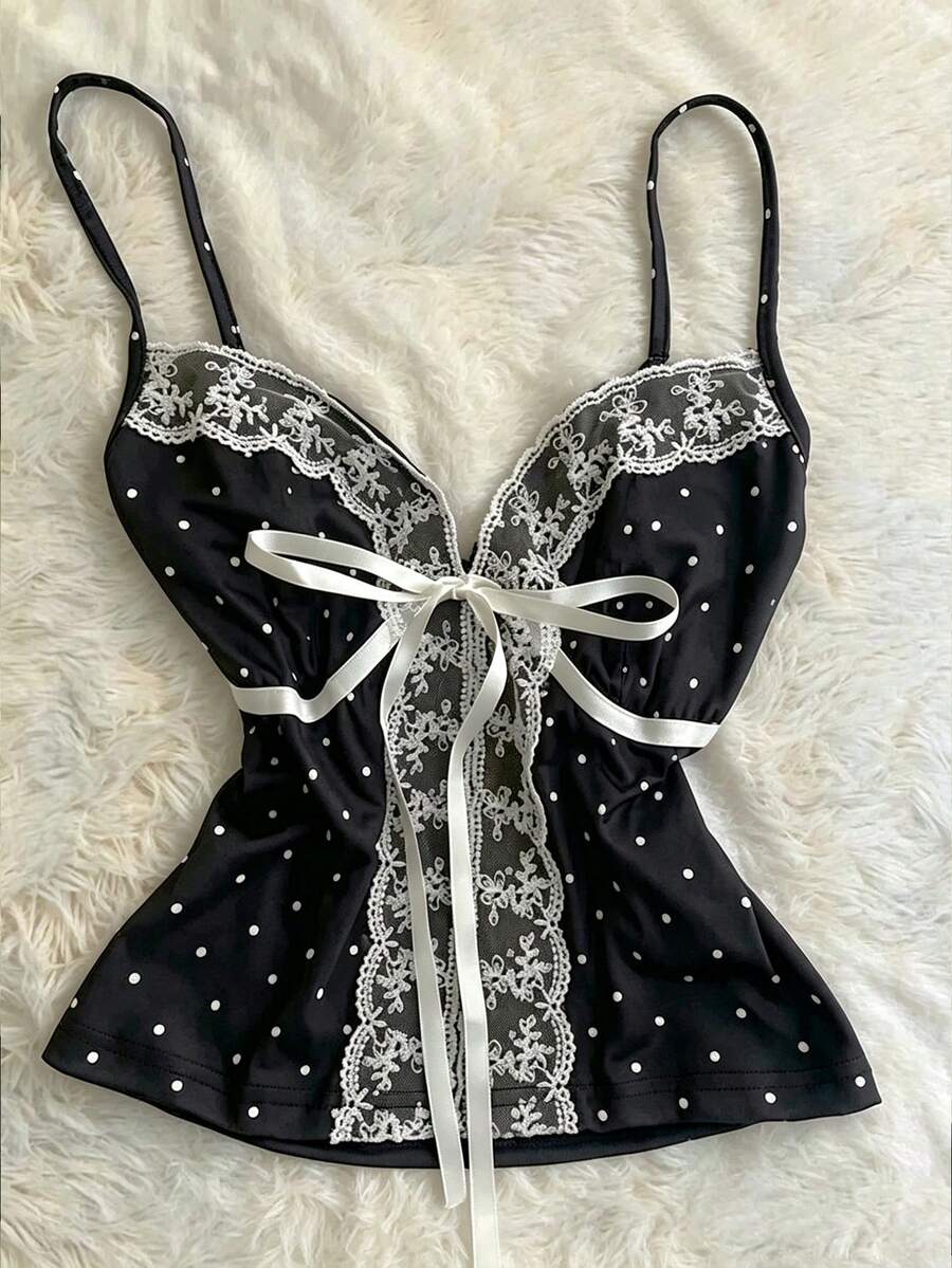 Atasan Camisole Polkadot Bergaya Coquette dengan Hiasan Renda dan Pita Busur serta Patchwork Jala untuk Wanita - Hitam - View 1