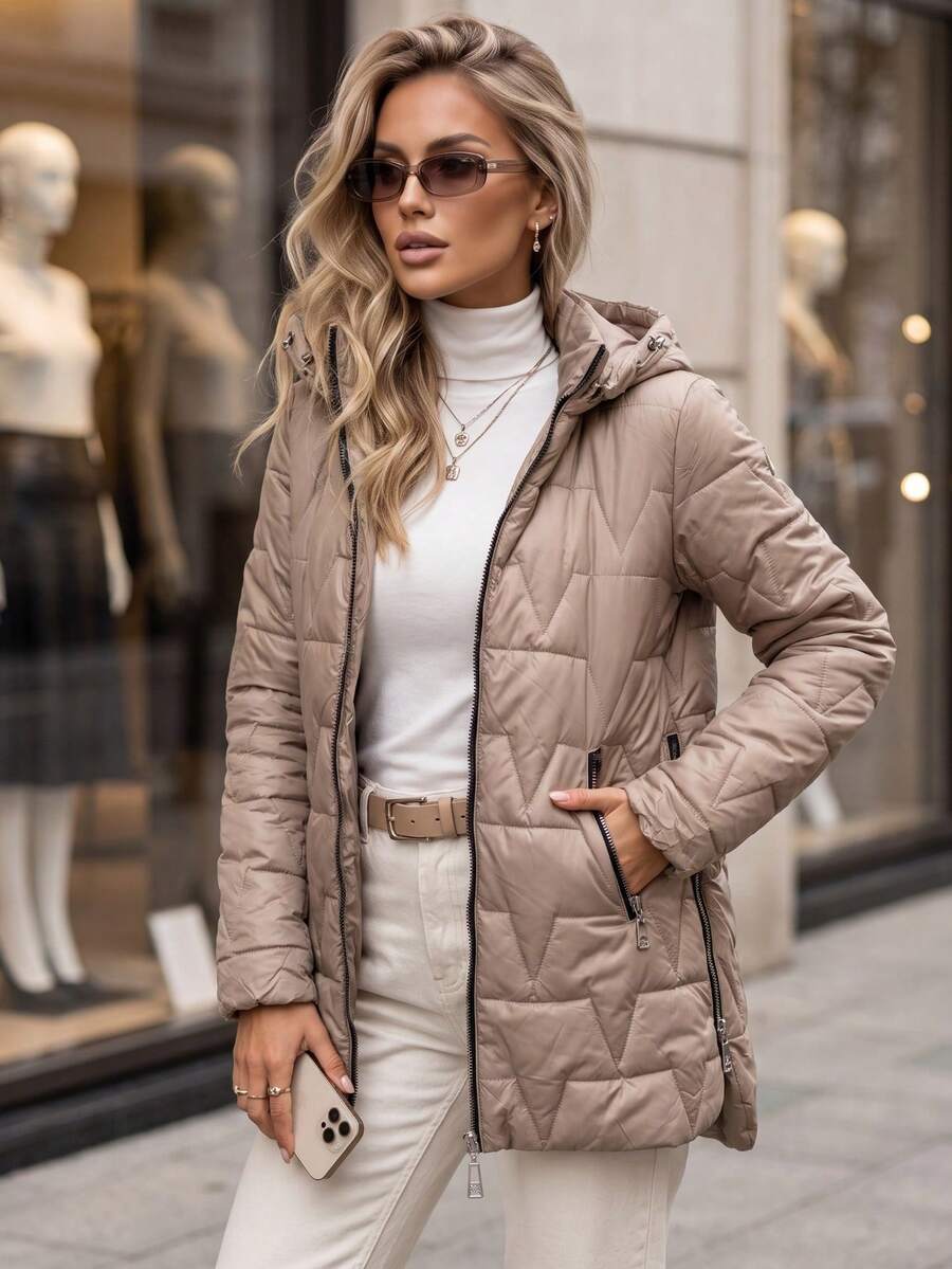 Women's Quilted Jacket Detachable Hood Zip Front Side Pockets Mid-Thigh Straight Fit - Beige - View 1