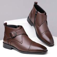 Men's Brogue Ankle Boots Pointed Toe Metal Buckle Decor Side Zipper Faux Leather Dress Ankle Boots With Buckle Plus Size 48 - Brown - View 7